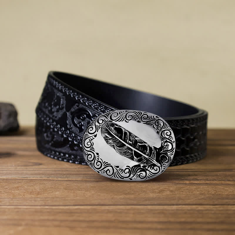 Men's DIY Charming Carved Feather Buckle Leather Belt