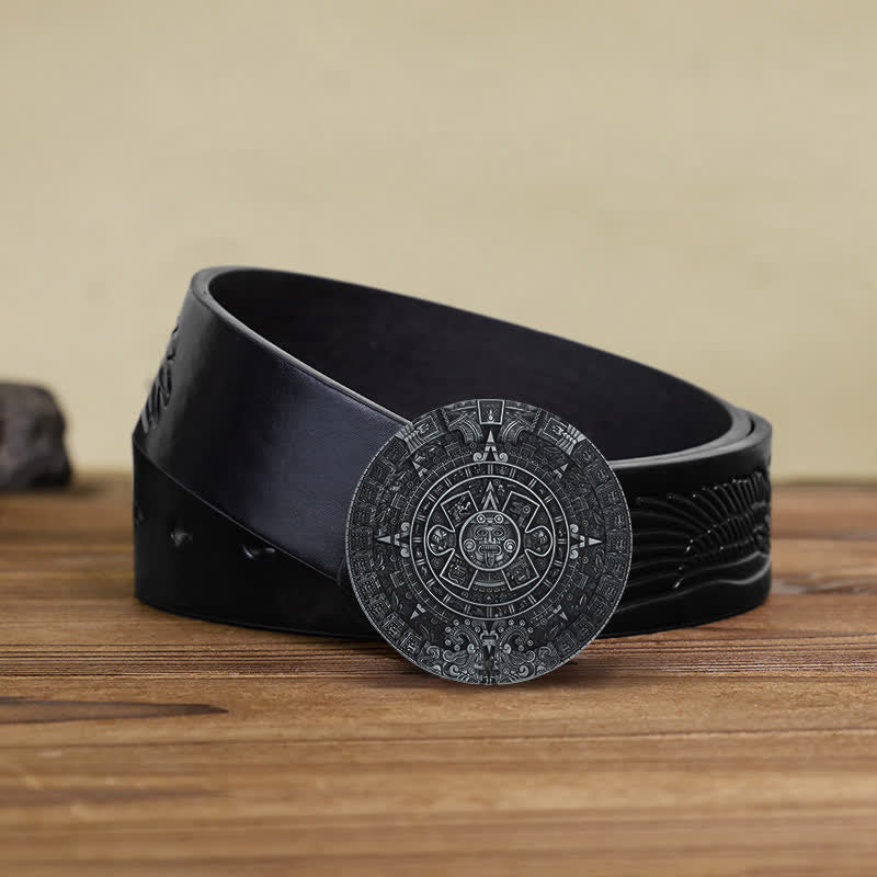 Men's DIY Aztec Mayan Big Round Buckle Leather Belt