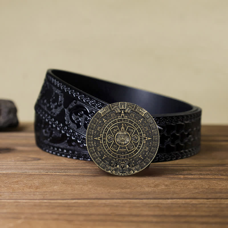 Men's DIY Aztec Mayan Big Round Buckle Leather Belt