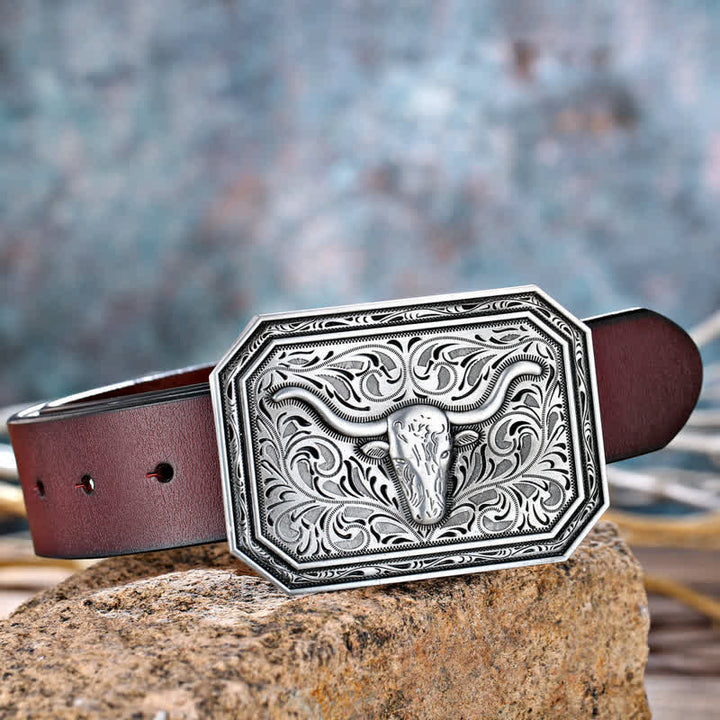 Men's DIY Simple Longhorn Bull Head Buckle Leather Belt