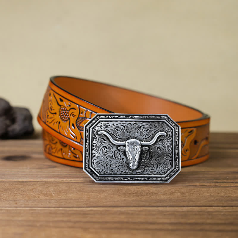 Men's DIY Simple Longhorn Bull Head Buckle Leather Belt