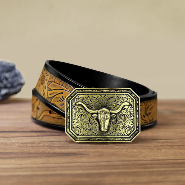 Men's DIY Simple Longhorn Bull Head Buckle Leather Belt