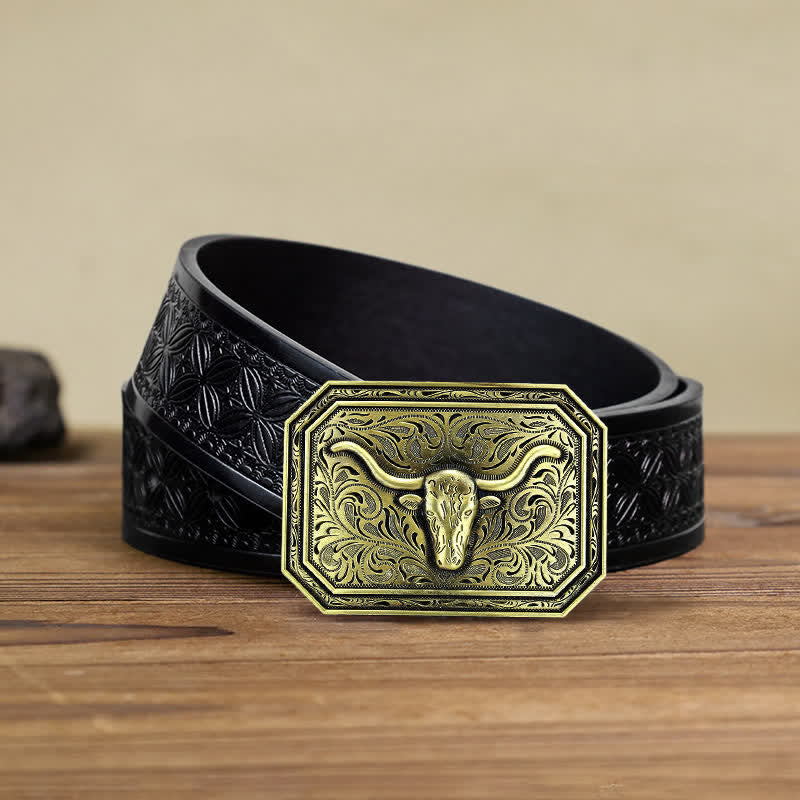 Men's DIY Simple Longhorn Bull Head Buckle Leather Belt