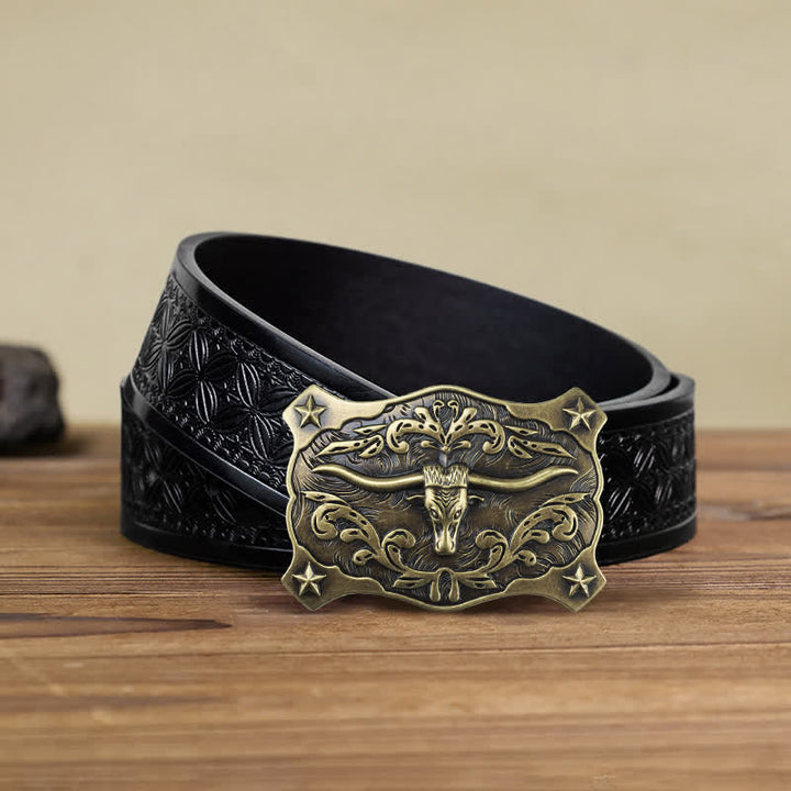 Men's DIY Square Western Bull Head Buckle Leather Belt