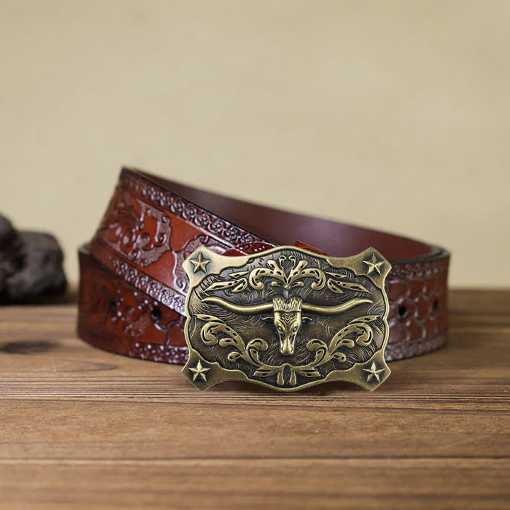 Men's DIY Square Western Bull Head Buckle Leather Belt