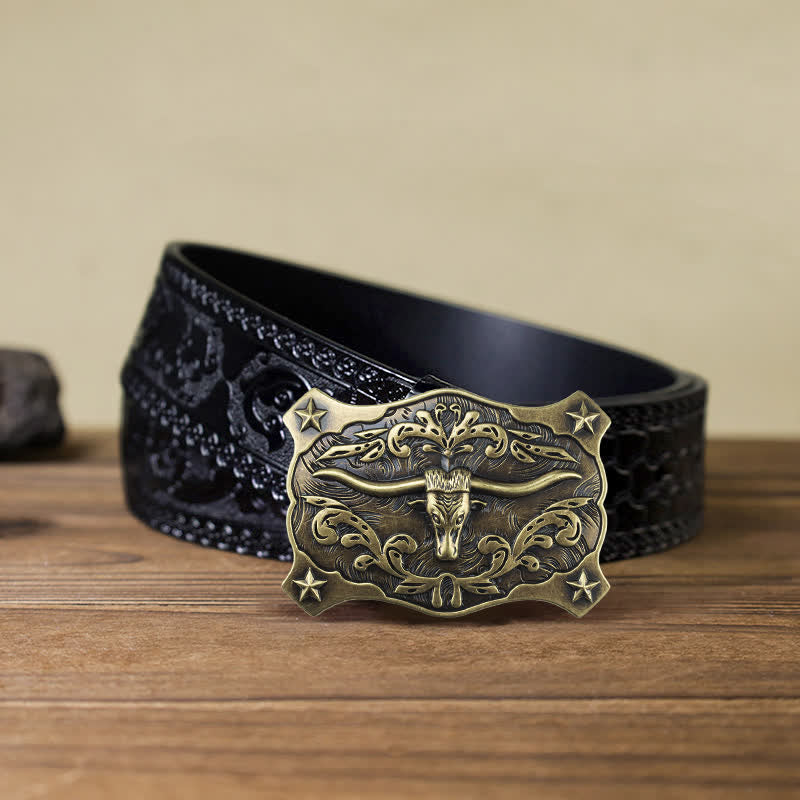 Men's DIY Square Western Bull Head Buckle Leather Belt