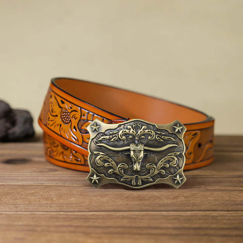 Men's DIY Square Western Bull Head Buckle Leather Belt