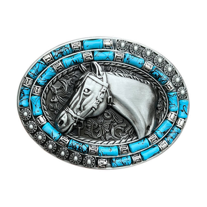 Men's DIY Horse Head Turquoise Buckle Leather Belt