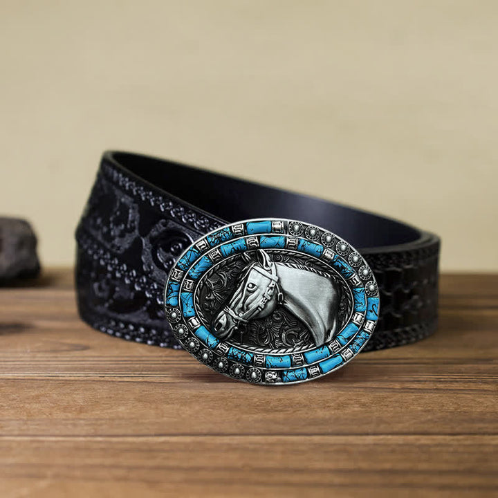 Men's DIY Horse Head Turquoise Buckle Leather Belt