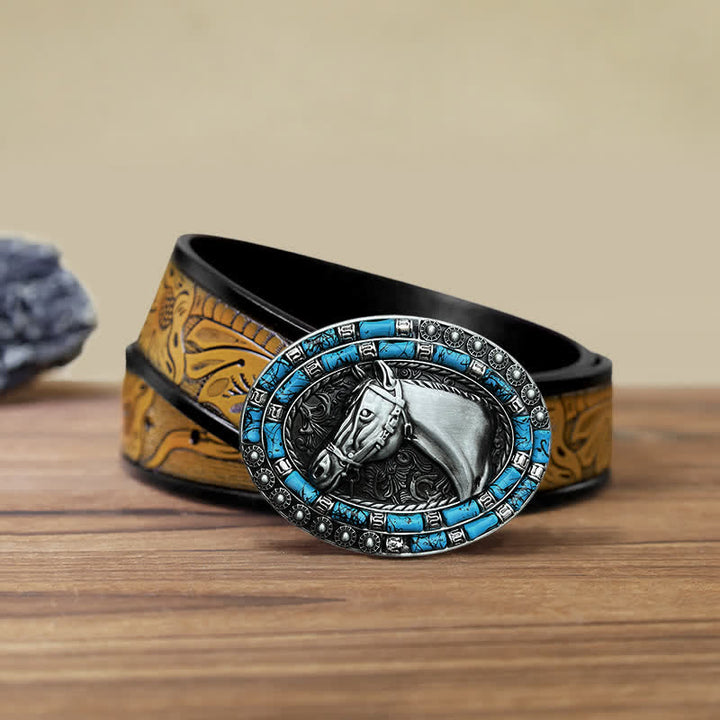 Men's DIY Horse Head Turquoise Buckle Leather Belt