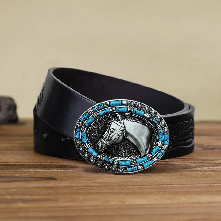 Men's DIY Horse Head Turquoise Buckle Leather Belt