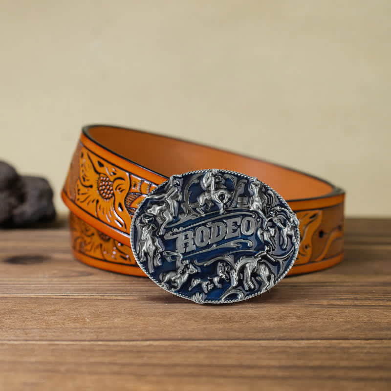 Men's DIY Blue Enamel Rodeo Bull Buckle Leather Belt