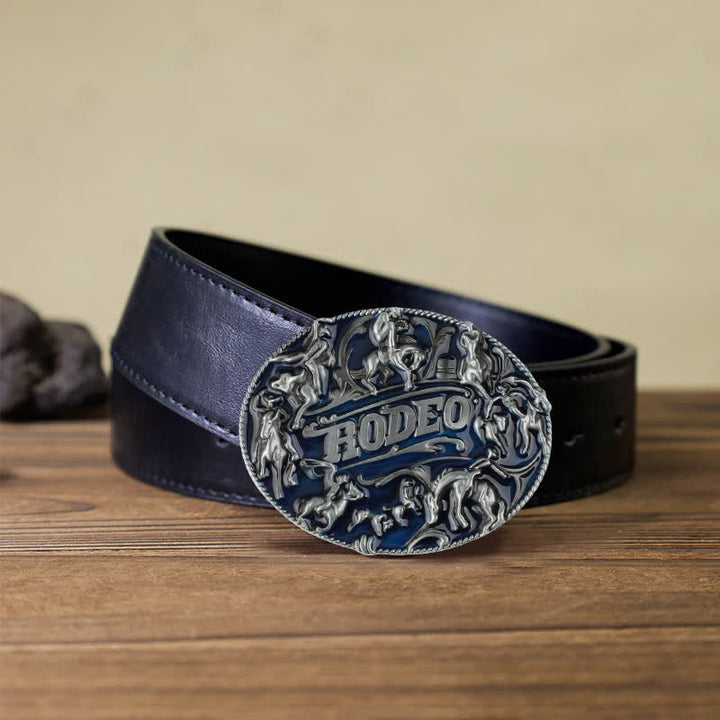 Men's DIY Blue Enamel Rodeo Bull Buckle Leather Belt