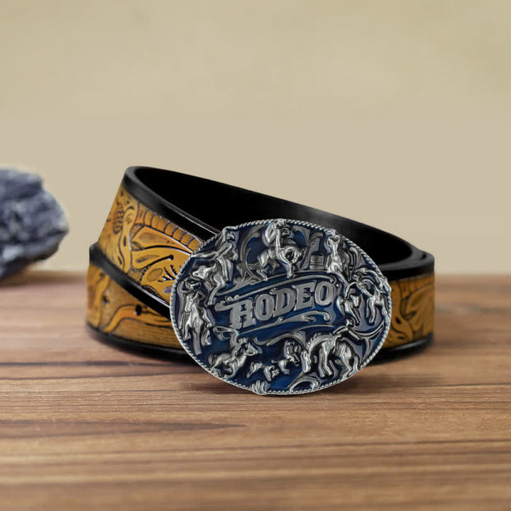 Men's DIY Blue Enamel Rodeo Bull Buckle Leather Belt