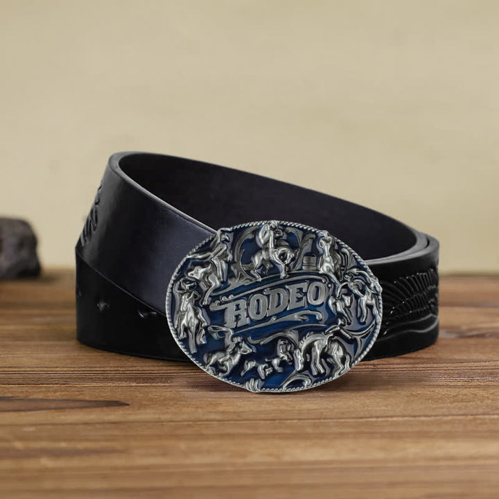 Men's DIY Blue Enamel Rodeo Bull Buckle Leather Belt