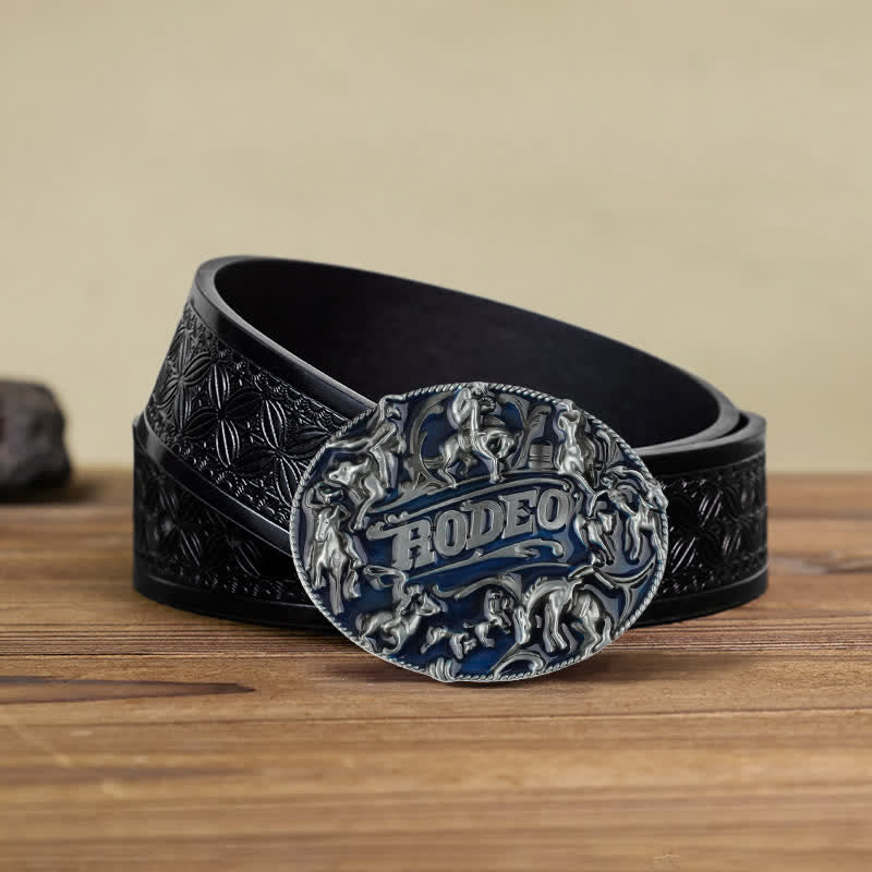 Men's DIY Blue Enamel Rodeo Bull Buckle Leather Belt