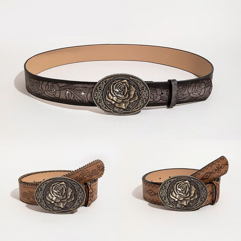 Western Style Rose Shaped Buckle Printed Leather Belt