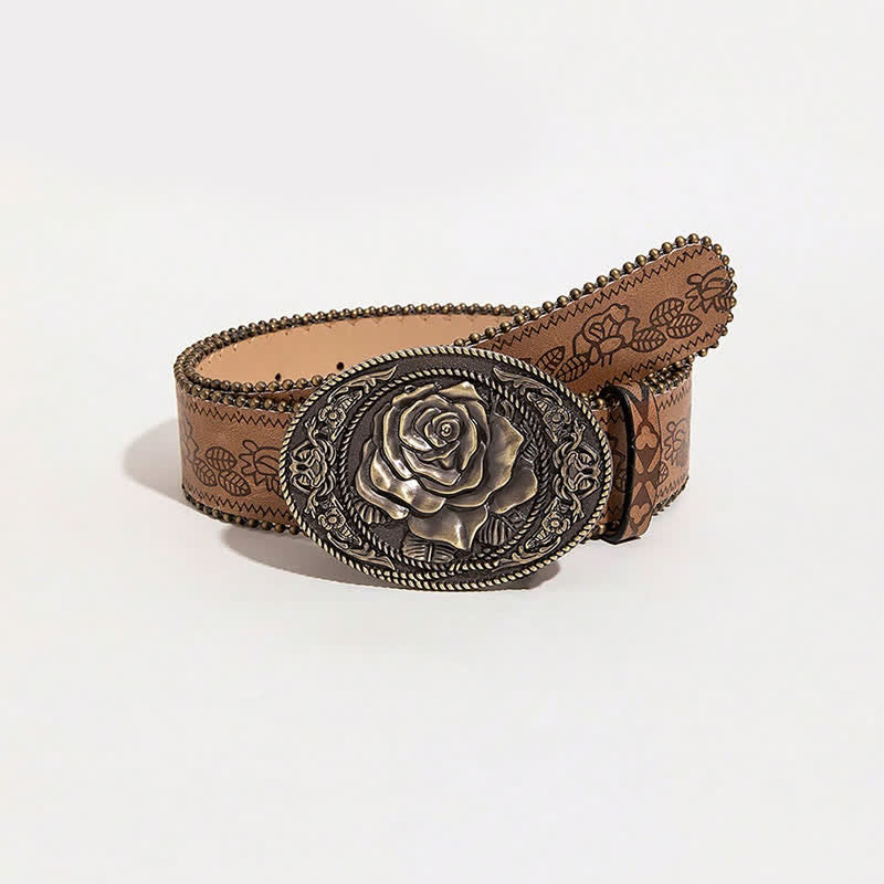 Western Style Rose Shaped Buckle Printed Leather Belt