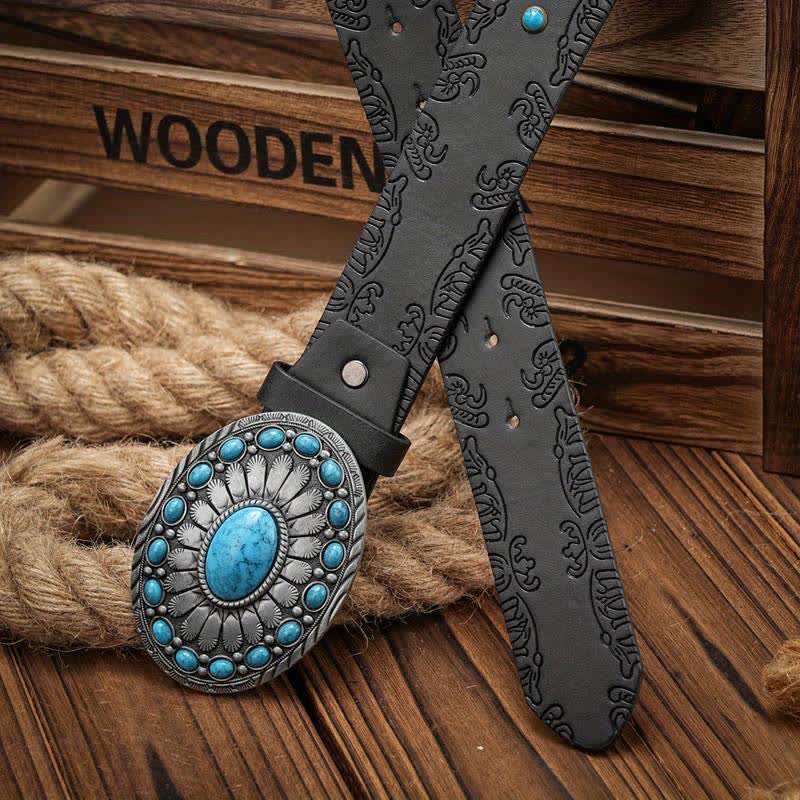 Men's Western Oval Turquoise Buckle Leather Belt