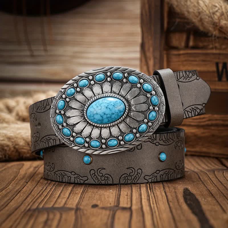 Men's Western Oval Turquoise Buckle Leather Belt