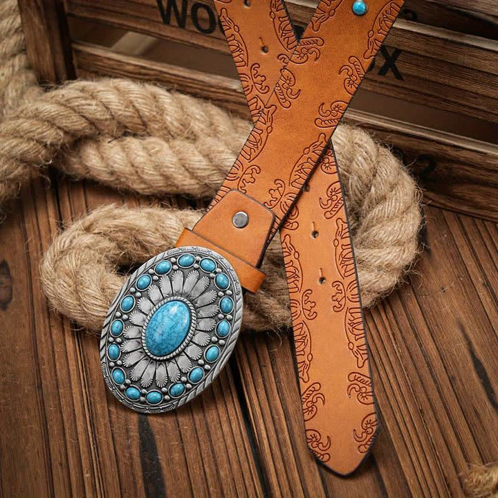 Men's Western Oval Turquoise Buckle Leather Belt