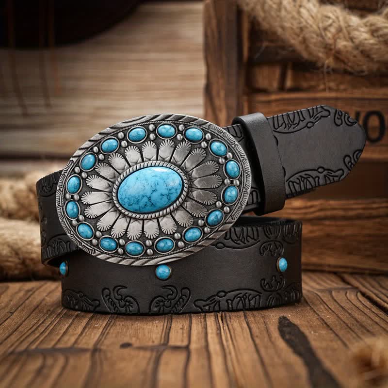 Men's Western Oval Turquoise Buckle Leather Belt