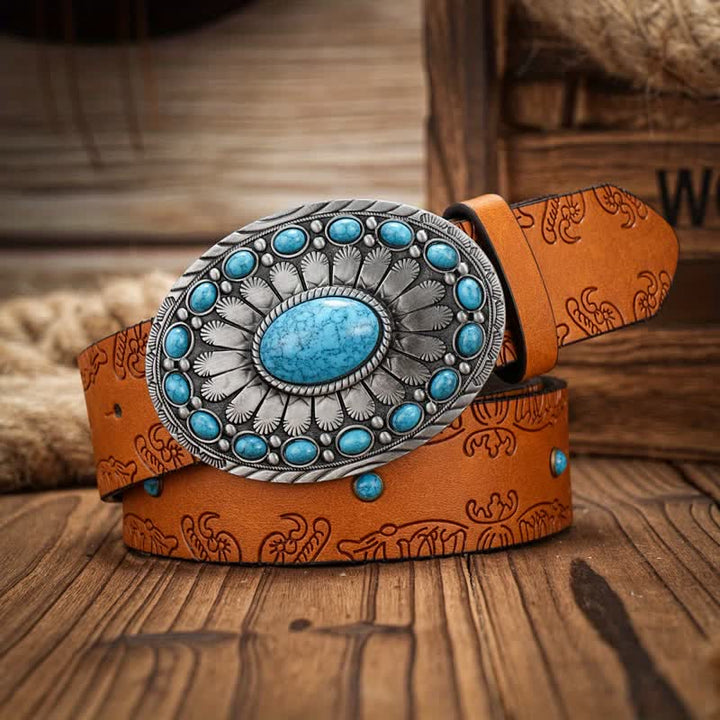 Men's Western Oval Turquoise Buckle Leather Belt