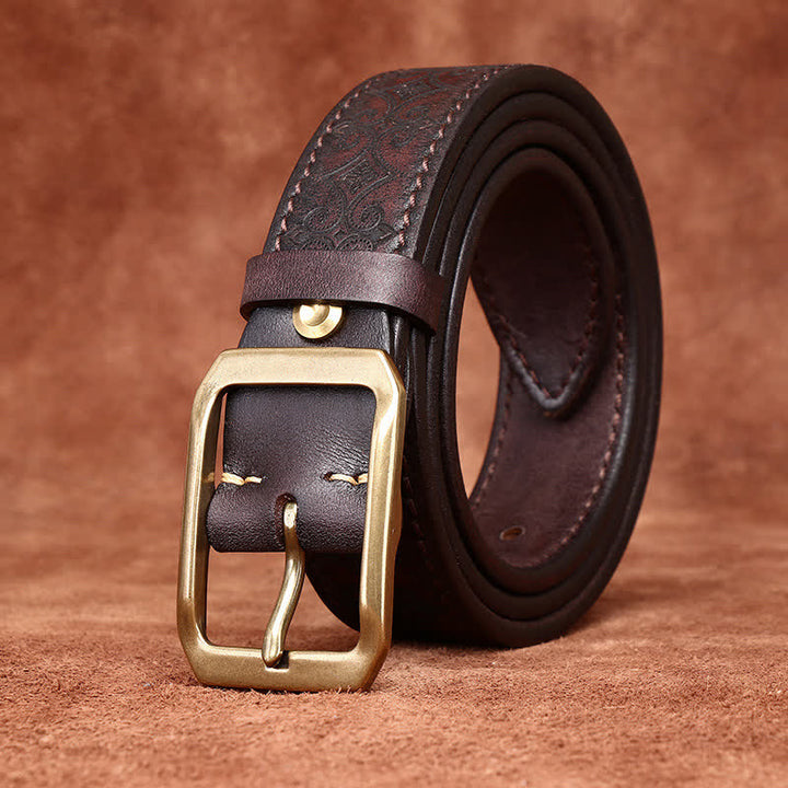 Men's Carving Strap Luxury Brass Buckle Leather Belt