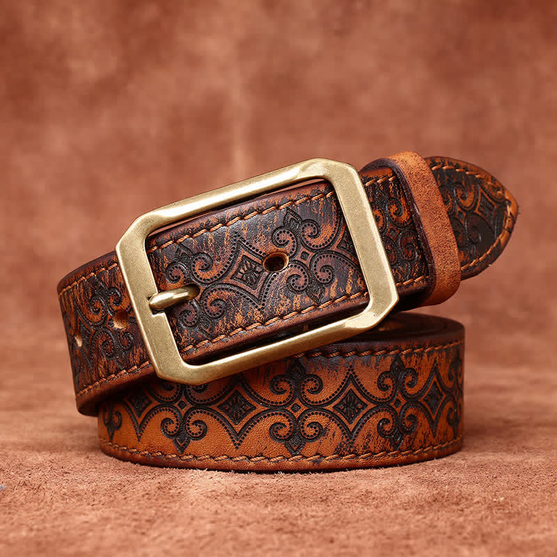 Men's Carving Strap Luxury Brass Buckle Leather Belt