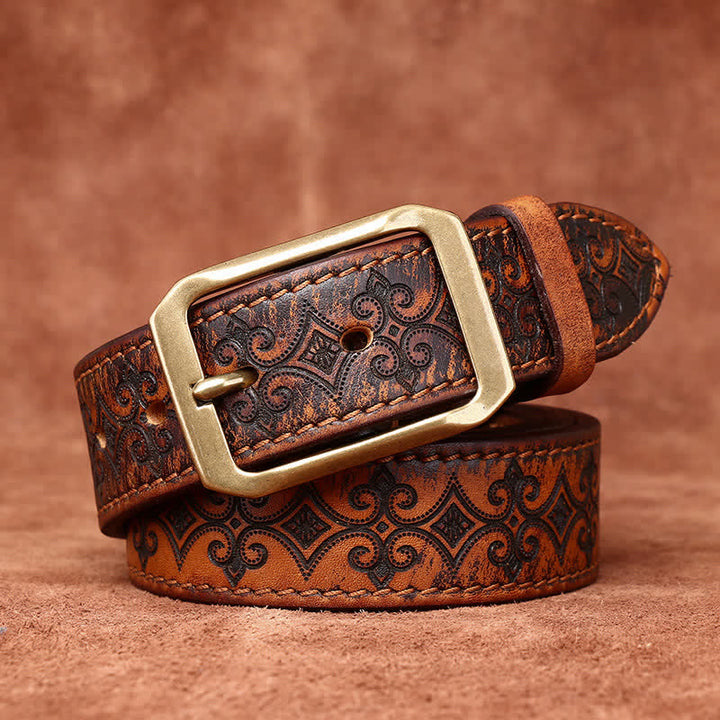 Men's Carving Strap Luxury Brass Buckle Leather Belt