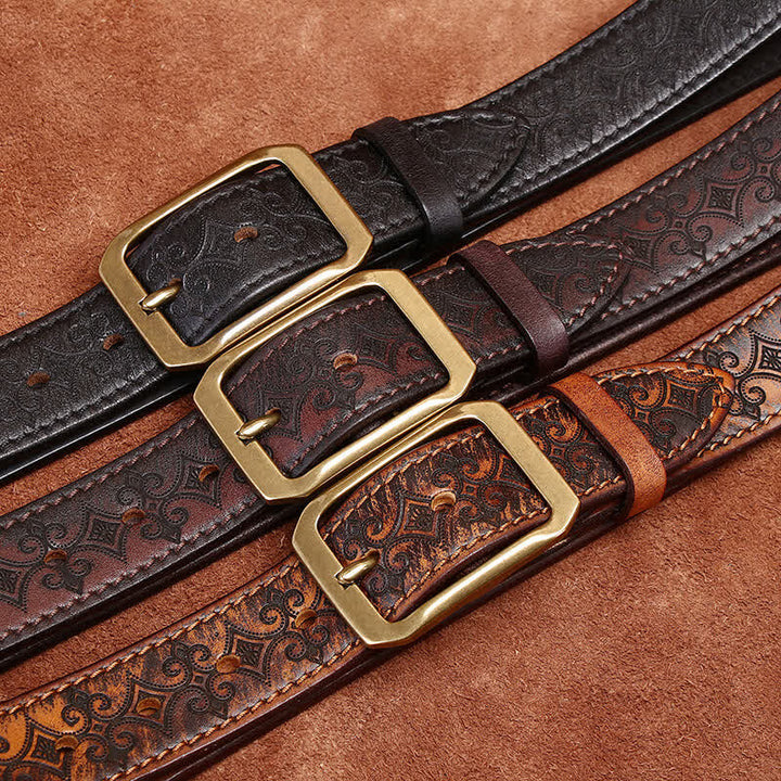 Men's Carving Strap Luxury Brass Buckle Leather Belt