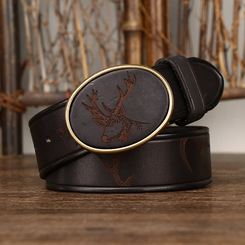 Men's Laser Engraving Deer Pattern Leather Belt - image 1