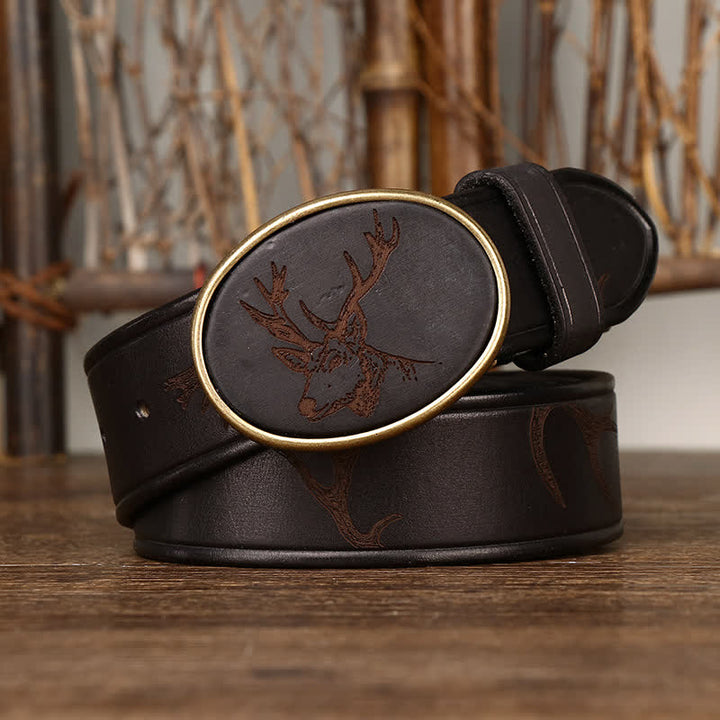 Men's Laser Engraving Deer Pattern Leather Belt - image 1