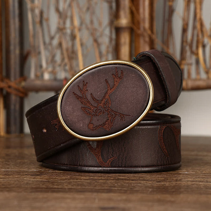 Men's Laser Engraving Deer Pattern Leather Belt - image 6