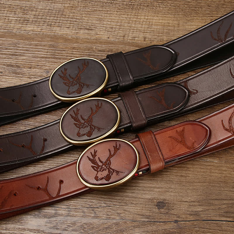 Men's Laser Engraving Deer Pattern Leather Belt - image 2