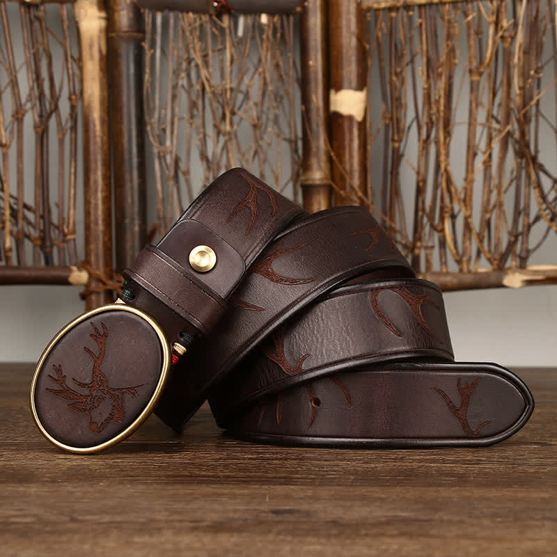 Men's Laser Engraving Deer Pattern Leather Belt - Coffee - 46 - image 5