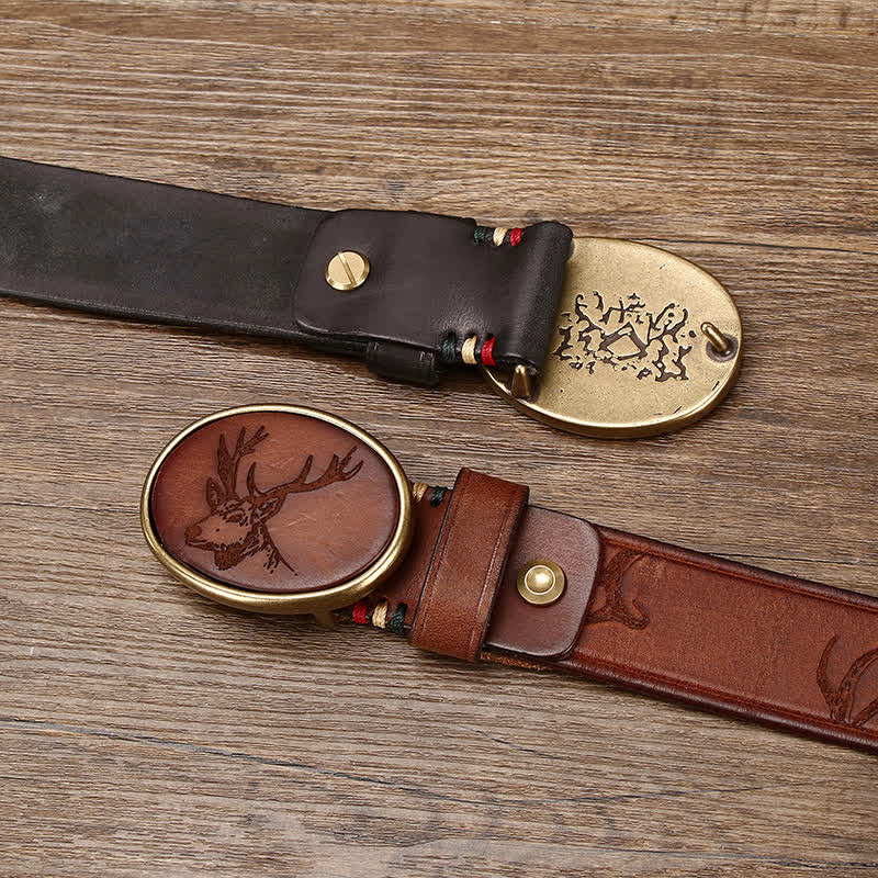 Men's Laser Engraving Deer Pattern Leather Belt - image 3