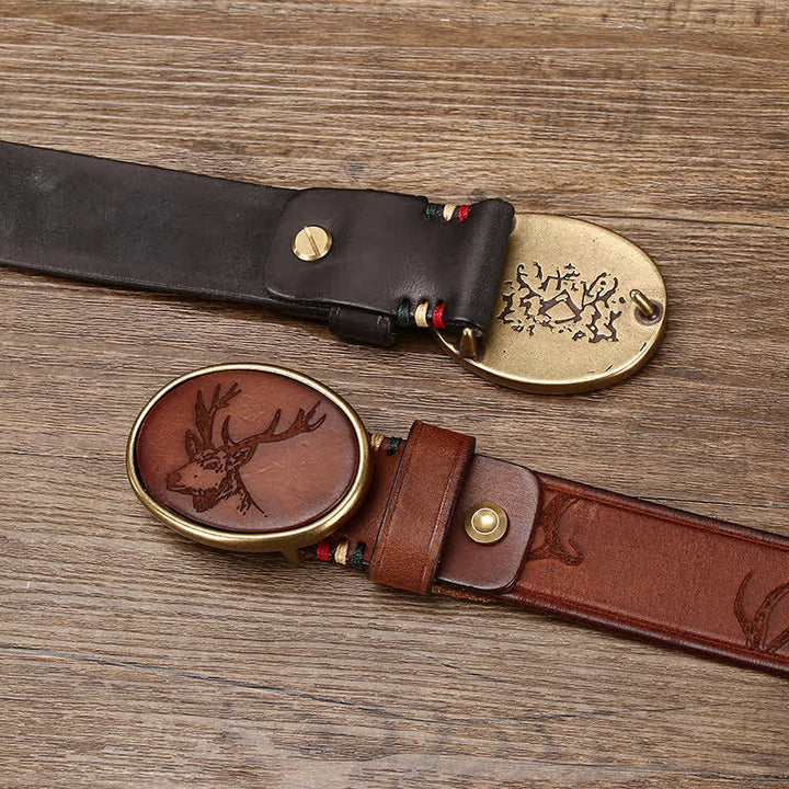 Men's Laser Engraving Deer Pattern Leather Belt - image 3