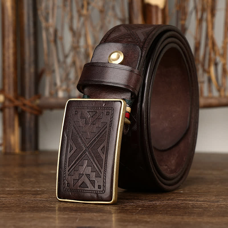 Men's Square Buckle Engraving Totem Pattern Leather Belt