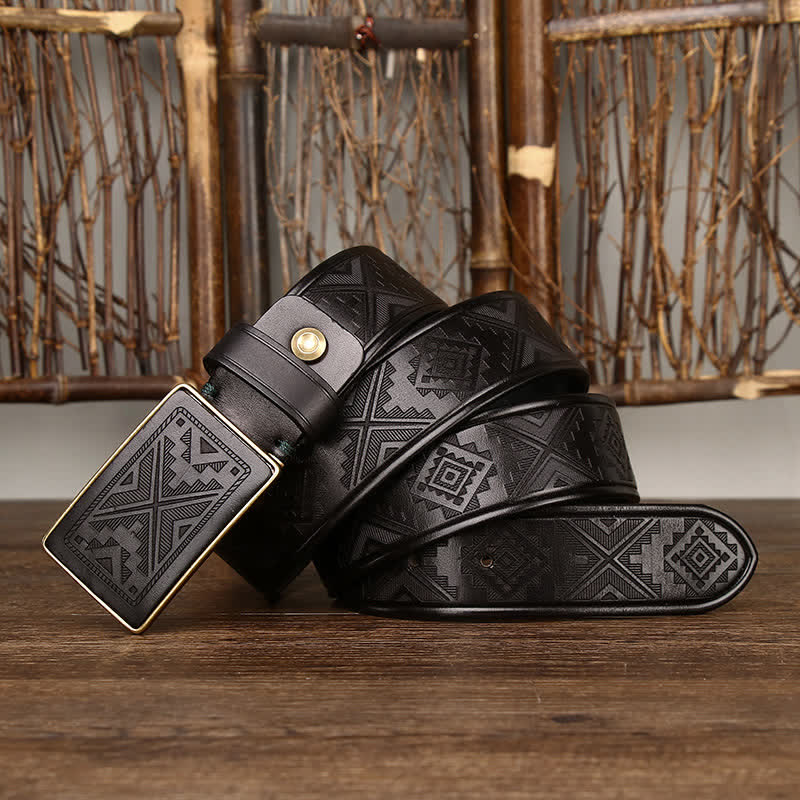 Men's Square Buckle Engraving Totem Pattern Leather Belt