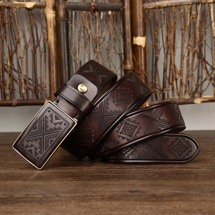 Men's Square Buckle Engraving Totem Pattern Leather Belt