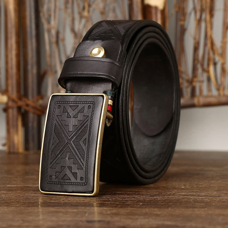 Men's Square Buckle Engraving Totem Pattern Leather Belt