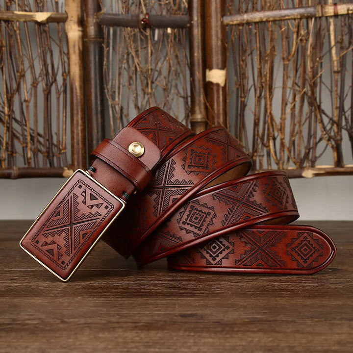 Men's Square Buckle Engraving Totem Pattern Leather Belt