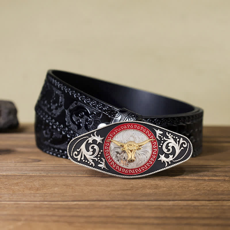 Men's DIY Western Black Gold Animal Buckle Leather Belt