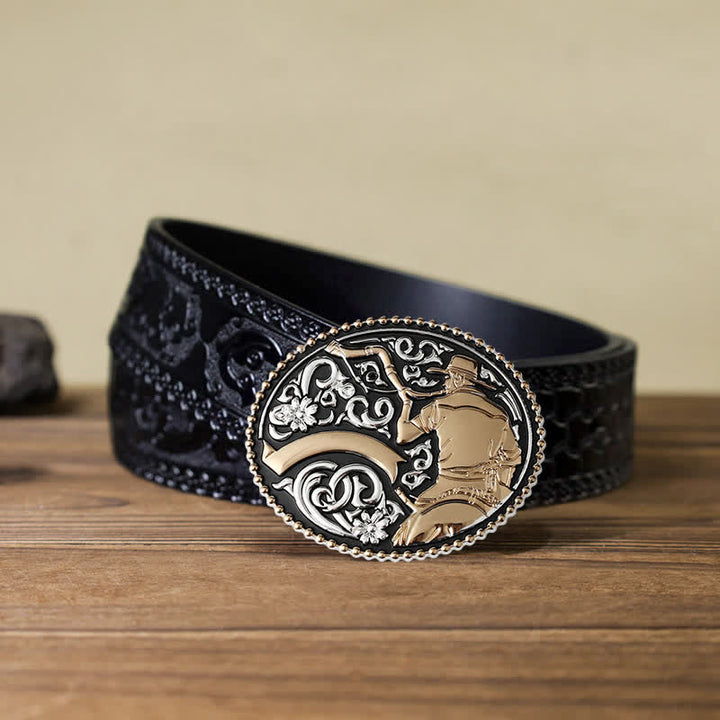 Men's DIY Cowboy Blowing The Horn Buckle Leather Belt