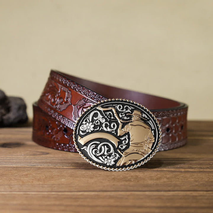 Men's DIY Cowboy Blowing The Horn Buckle Leather Belt