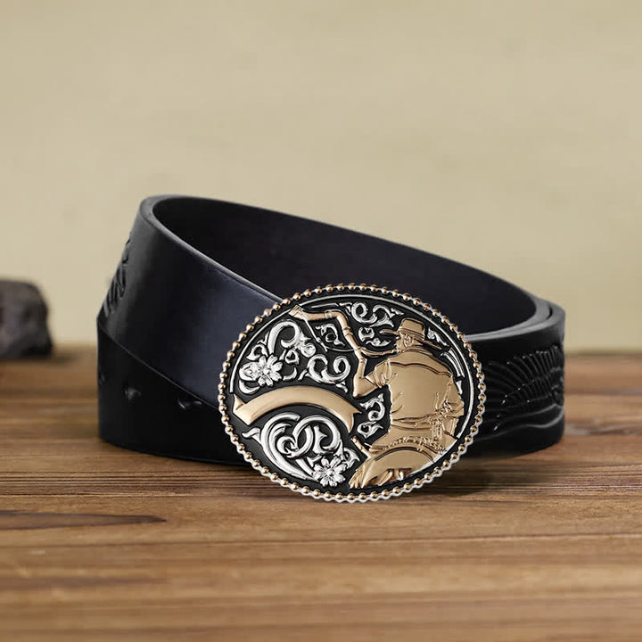 Men's DIY Cowboy Blowing The Horn Buckle Leather Belt