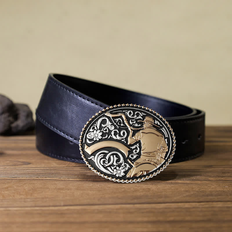 Men's DIY Cowboy Blowing The Horn Buckle Leather Belt