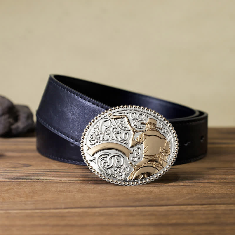 Men's DIY Cowboy Blowing The Horn Buckle Leather Belt