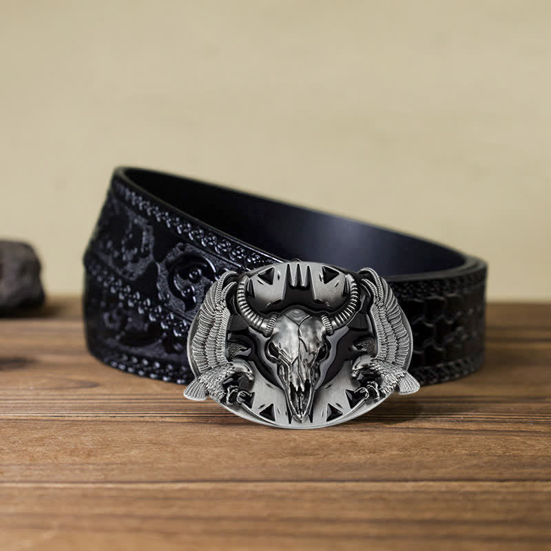 Men's DIY Vintage Bull & Dual Eagles Buckle Leather Belt